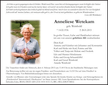 Traueranzeige von Anneliese Wetekam von HNA