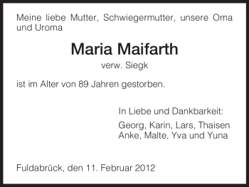 Traueranzeige von Maria Maifarth von HNA