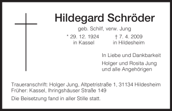 Traueranzeige von Hildegard Schröder von HNA