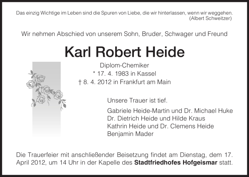  Traueranzeige für Karl Robert Heide vom 14.04.2012 aus HNA