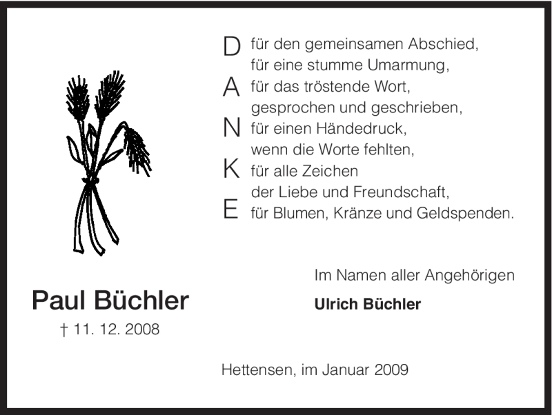  Traueranzeige für Paul Büchler vom 10.01.2009 aus HNA