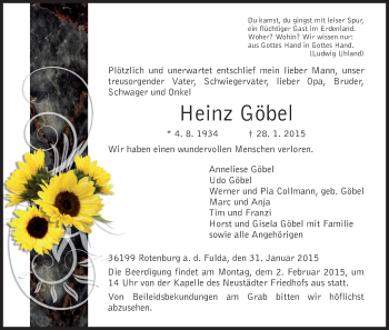 Traueranzeige von Heinz Göbel von HNA