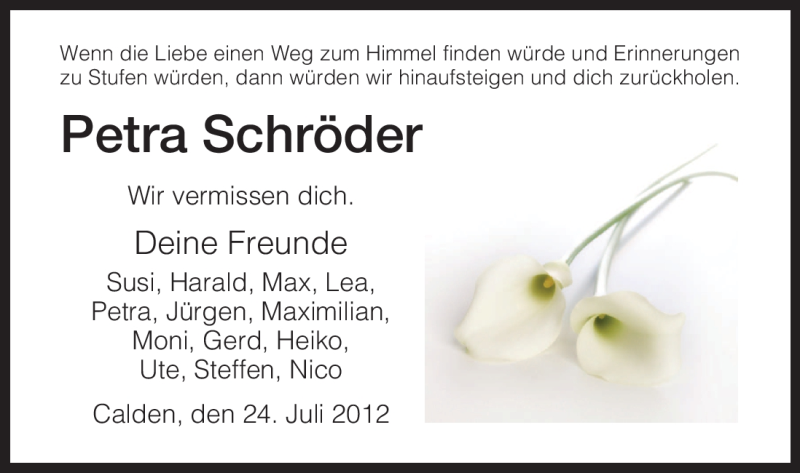  Traueranzeige für Petra Schröder vom 24.07.2012 aus HNA