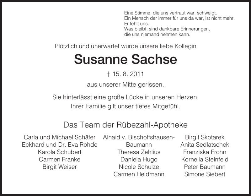  Traueranzeige für Susanne Sachse vom 18.08.2011 aus HNA