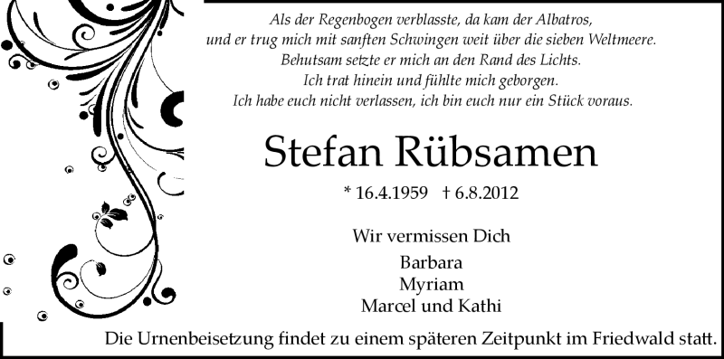  Traueranzeige für Stefan Rübsamen vom 18.08.2012 aus HNA