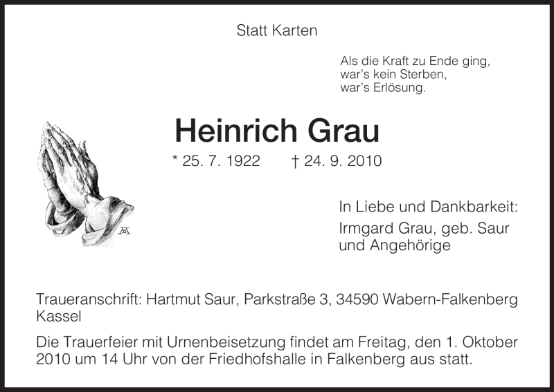  Traueranzeige für Heinrich Grau vom 29.09.2010 aus HNA