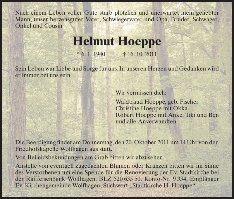  Traueranzeige für Helmut Hoeppe vom 18.10.2011 aus HNA