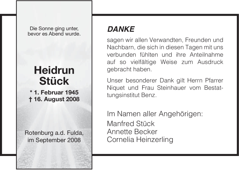 Traueranzeige für Heidrun Stück vom 20.09.2008 aus HNA