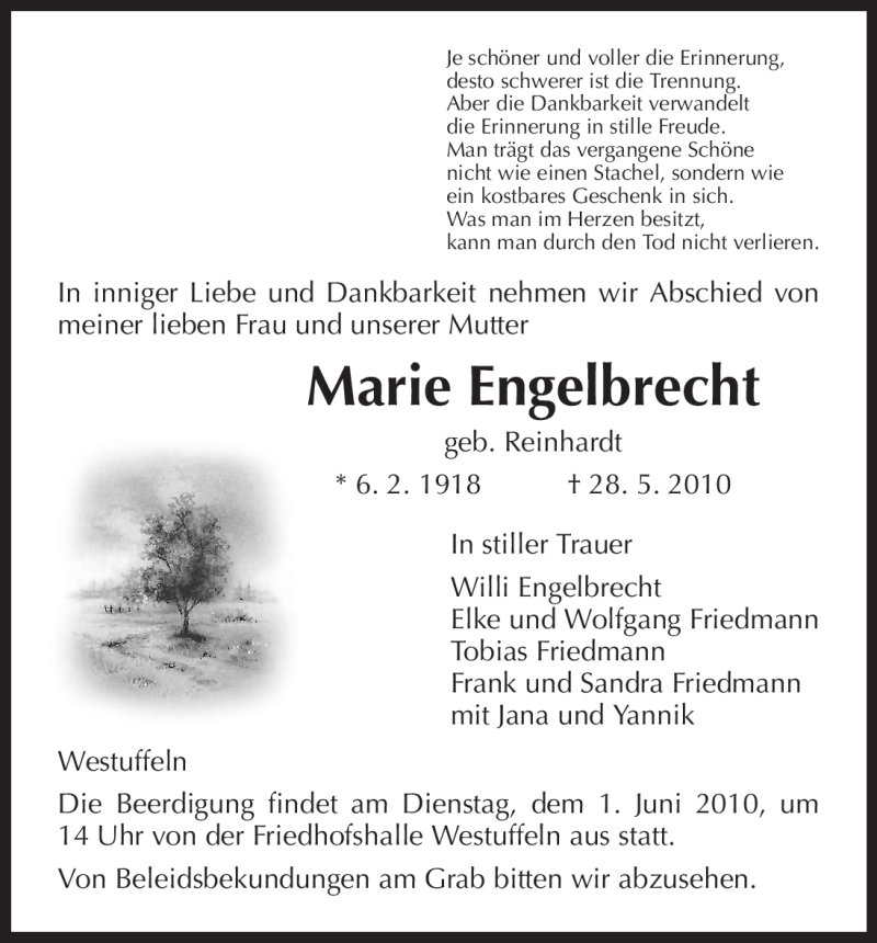  Traueranzeige für Marie Engelbrecht vom 31.05.2010 aus HNA