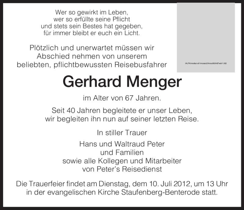  Traueranzeige für Gerhard Menger vom 06.07.2012 aus HNA