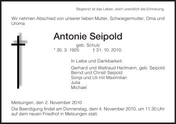 Traueranzeige von Antonie Seipold von HNA