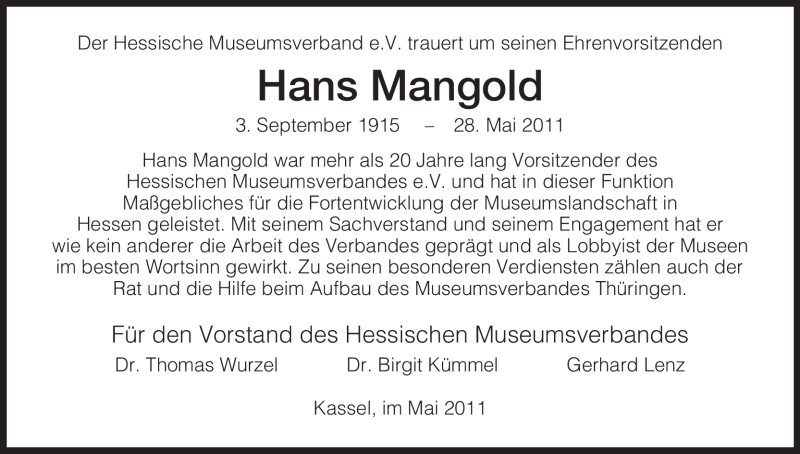  Traueranzeige für Hans Mangold vom 01.06.2011 aus HNA