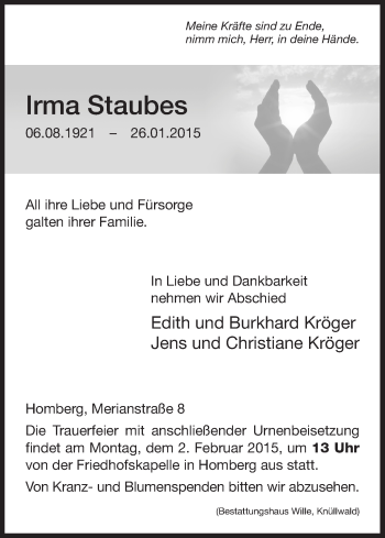 Traueranzeige von Irma Staubes von HNA