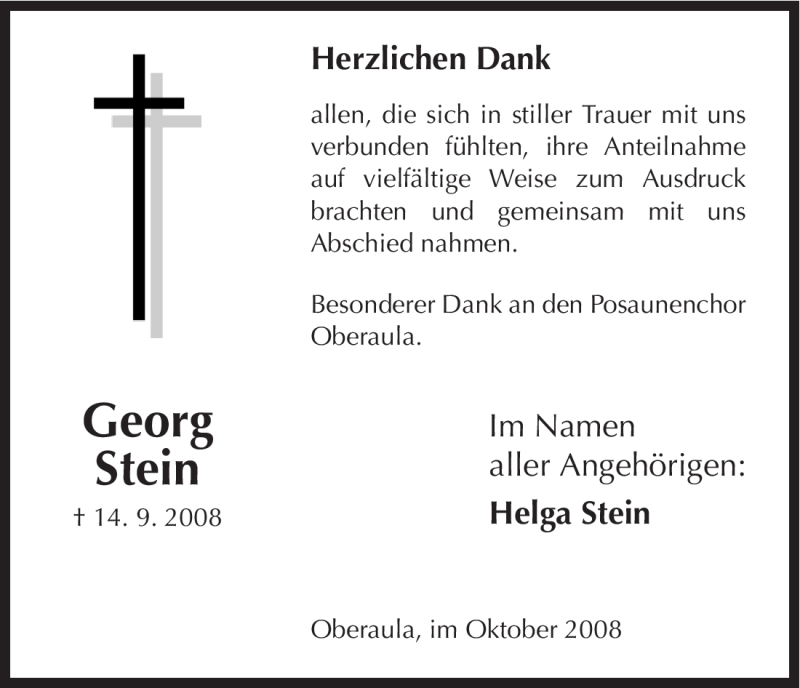  Traueranzeige für Georg Stein vom 03.10.2008 aus HNA