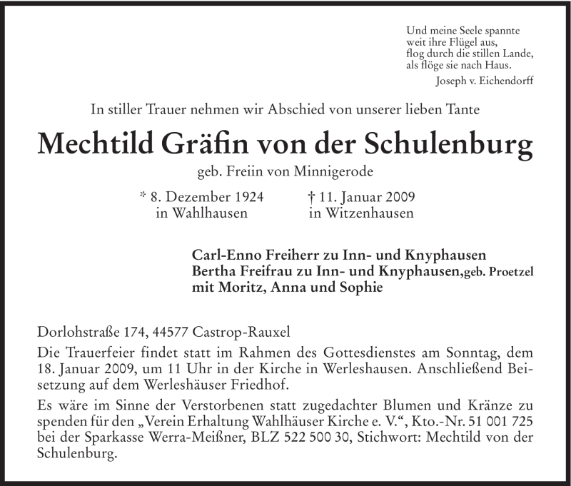  Traueranzeige für Mechtild von der Schulenburg vom 14.01.2009 aus HNA