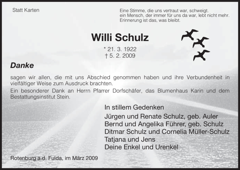  Traueranzeige für Willi Schulz vom 21.03.2009 aus HNA
