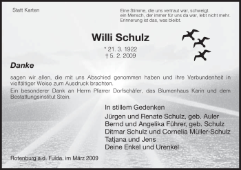 Traueranzeige von Willi Schulz von HNA