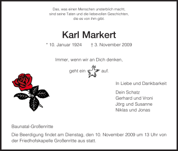 Traueranzeige von Karl Markert von HNA