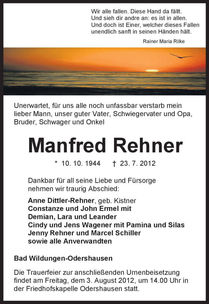  Traueranzeige für Manfred Rehner vom 30.07.2012 aus HNA