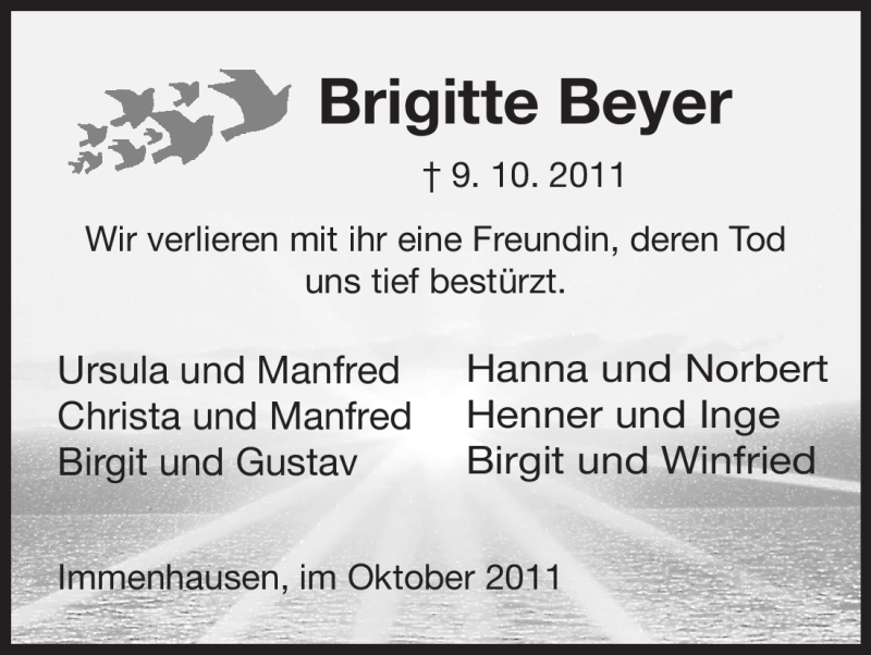  Traueranzeige für Brigitte Beyer vom 13.10.2011 aus HNA