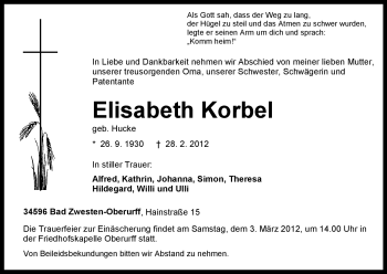 Traueranzeige von Elisabeth Korbel von HNA