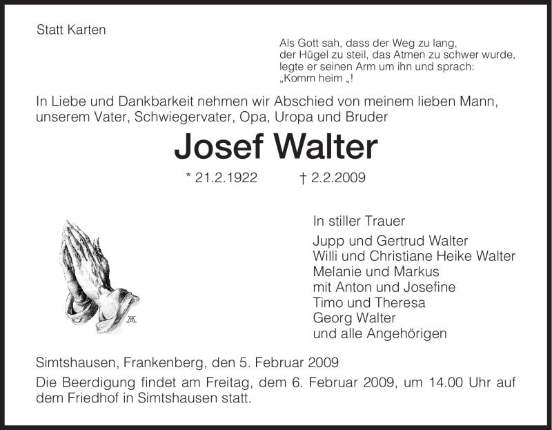  Traueranzeige für Josef Walter vom 05.02.2009 aus HNA