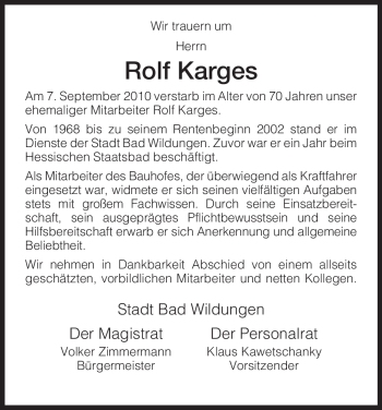 Traueranzeige von Rolf Karges von HNA