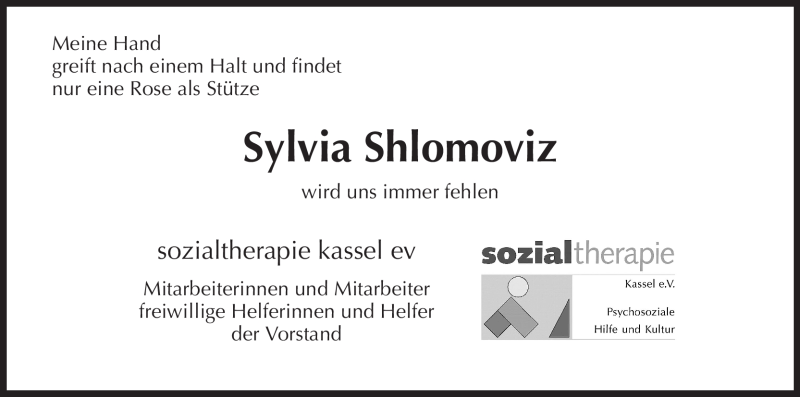  Traueranzeige für Sylvia Shlomoviz vom 30.04.2009 aus HNA