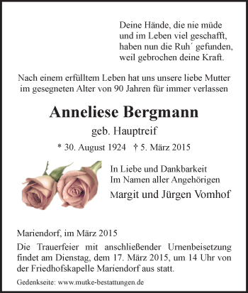 Traueranzeige von Anneliese Bergmann von HNA