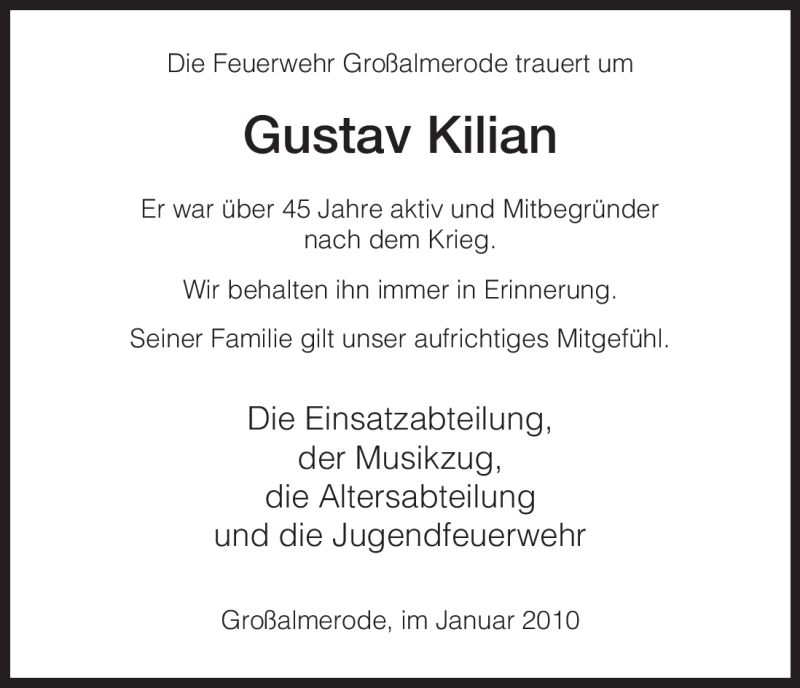  Traueranzeige für Gustav Kilian vom 05.01.2010 aus HNA