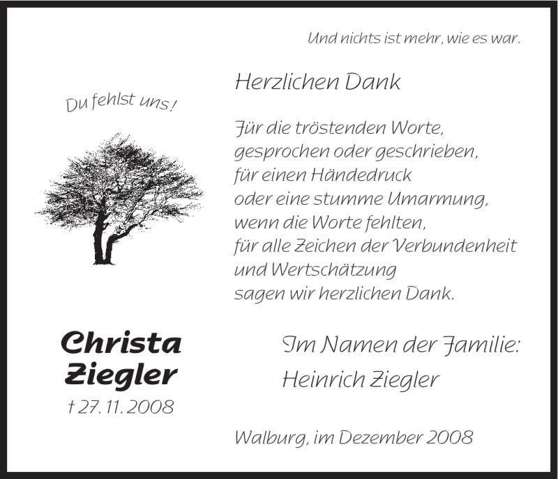  Traueranzeige für Christa Ziegler vom 20.12.2008 aus HNA