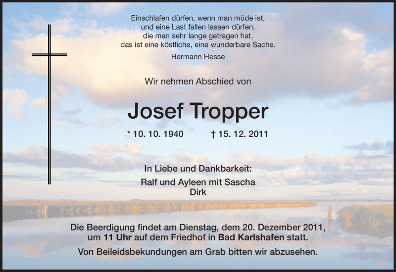  Traueranzeige für Josef Tropper vom 17.12.2011 aus HNA