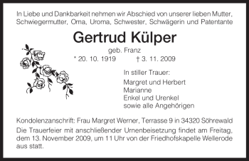 Traueranzeige von Gertrud Külper von HNA