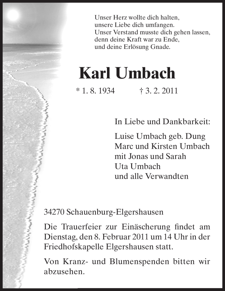  Traueranzeige für Karl Umbach vom 05.02.2011 aus HNA