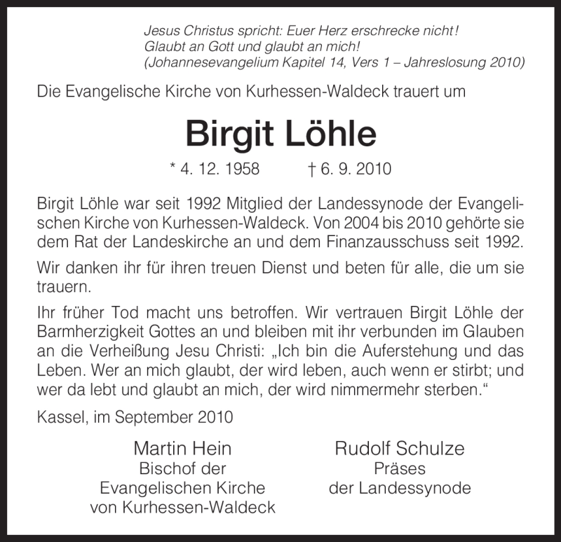  Traueranzeige für Birgit Löhle vom 11.09.2010 aus HNA