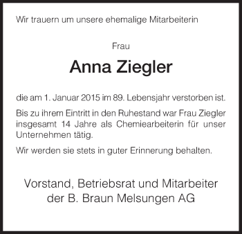Traueranzeige von Anna Ziegler von HNA