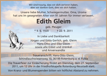 Traueranzeige von Edith Gleim von HNA