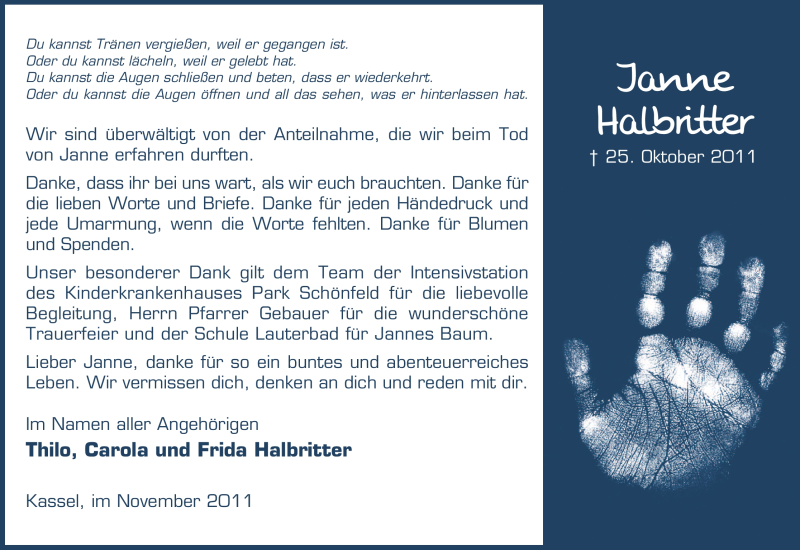  Traueranzeige für Janne Halbritter vom 19.11.2011 aus HNA