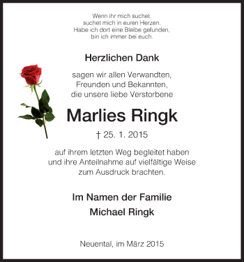 Traueranzeige von Marlies Ringk von HNA