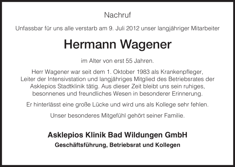  Traueranzeige für Hermann Wagener vom 14.07.2012 aus HNA