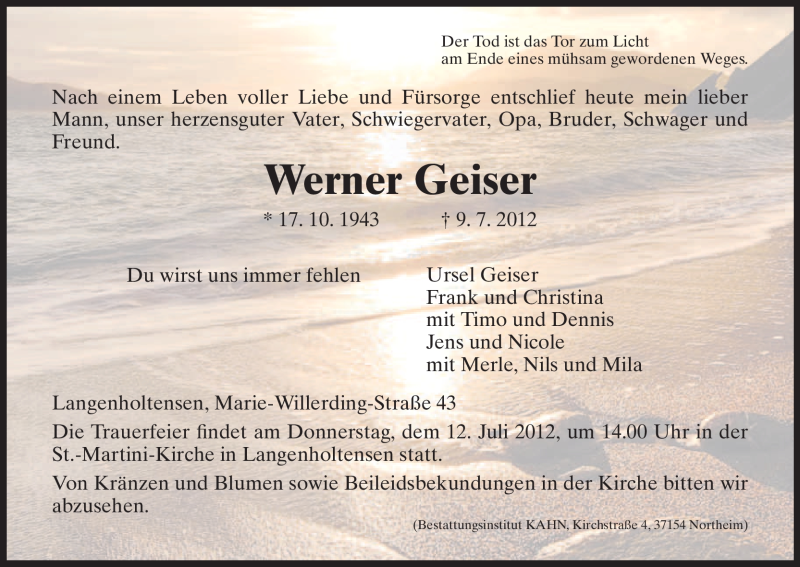  Traueranzeige für Werner Geiser vom 11.07.2012 aus HNA