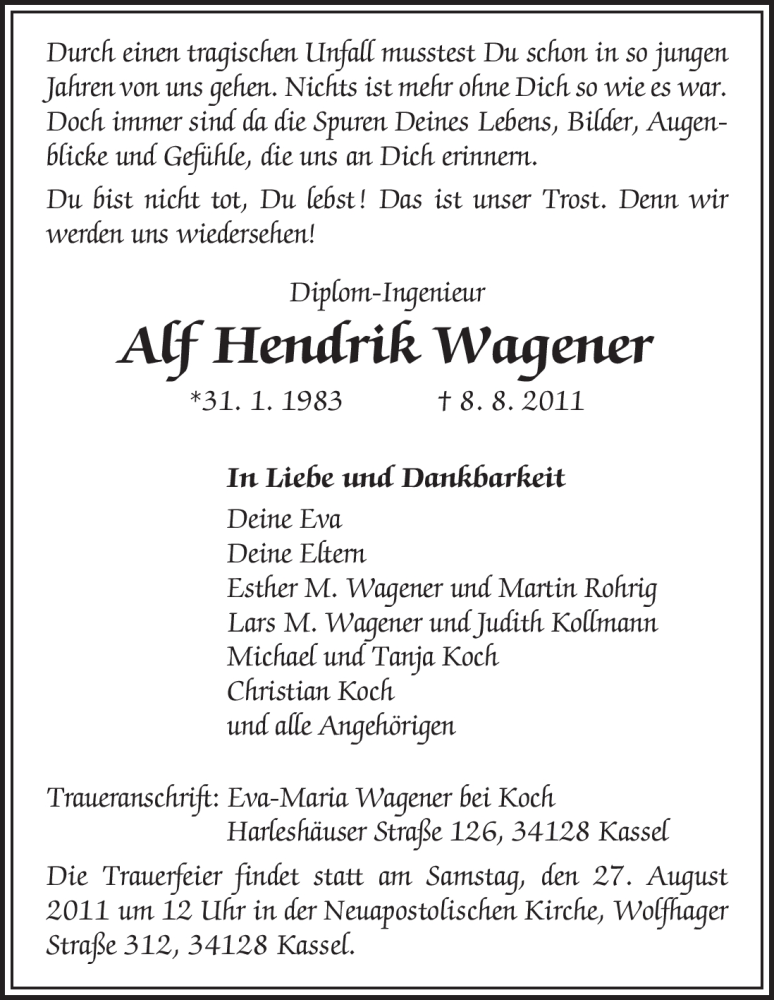  Traueranzeige für Alf Hendrik Wagener vom 20.08.2011 aus HNA