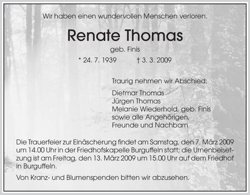  Traueranzeige für Renate Thomas vom 06.03.2009 aus HNA