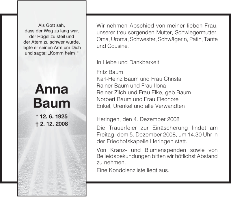  Traueranzeige für Anna Baum vom 04.12.2008 aus HNA