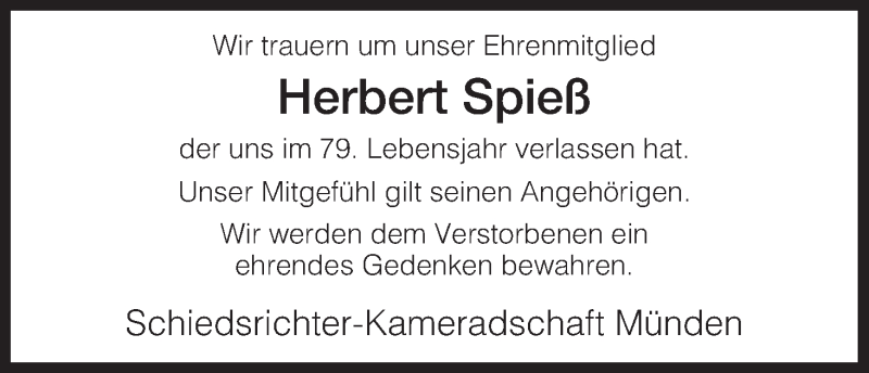  Traueranzeige für Herbert Spieß vom 14.03.2015 aus HNA