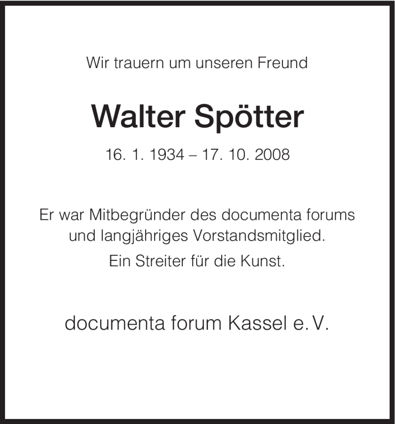  Traueranzeige für Walter Spötter vom 21.10.2008 aus HNA