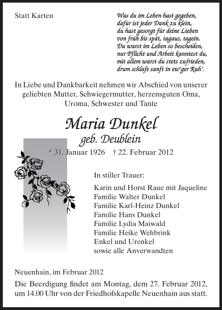  Traueranzeige für Maria Dunkel vom 24.02.2012 aus HNA