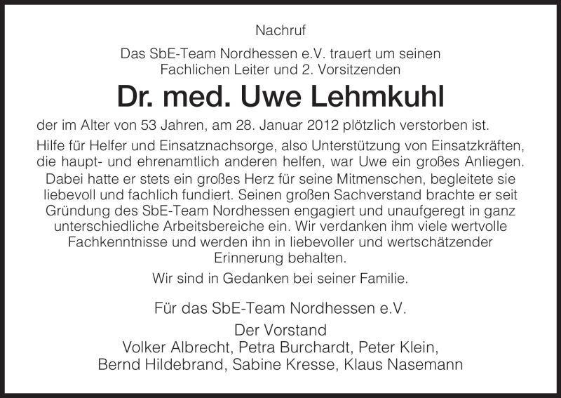  Traueranzeige für Uwe Lehmkuhl vom 18.02.2012 aus HNA