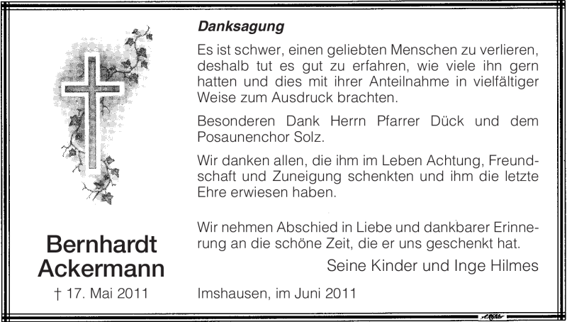  Traueranzeige für Bernhardt Ackermann vom 18.06.2011 aus HNA