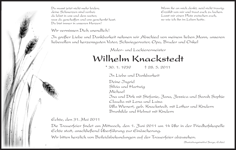  Traueranzeige für Wilhelm Knackstedt vom 31.05.2011 aus HNA